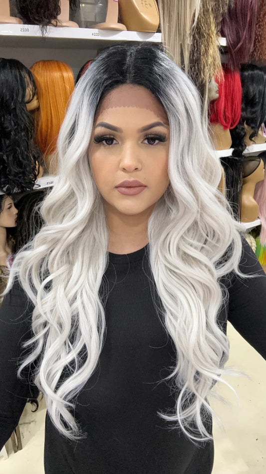 #26 Nadia - Middle Part Lace Front Wig Human Hair Blend 26"  - Color 1B.GREY