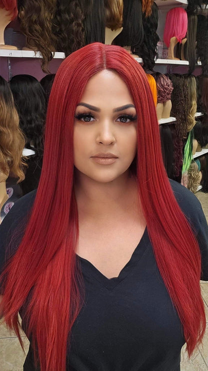 #124 Ivy-Middle Part No Lace Front Wig Human Hair Blend- Color SUNSET RED 28in